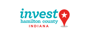 The Invest Hamilton County Indiana logo featuring the word “invest” in teal lowercase letters, with “Hamilton County” in smaller teal text below and “Indiana” in red text beneath. To the right is a red location pin icon containing a white star.