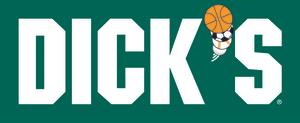 Green graphic displaying the word ‘DICK’S’ in large white block letters, with the apostrophe stylized as a stack of sports balls, including a basketball, soccer ball, and baseball.