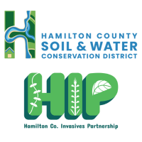 Logo for the Hamilton County Soil and Water Conservation District featuring a stylized letter ‘H’ with land and water imagery, above the green ‘HIP’ logo for the Hamilton County Invasives Partnership, which incorporates plant illustrations.