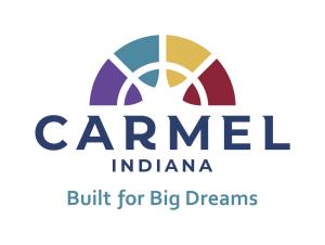 Logo for Carmel, Indiana featuring a segmented circular icon in teal, purple, gold, and red above bold blue text reading “CARMEL,” with smaller text “INDIANA” below and the tagline “Built for Big Dreams.”