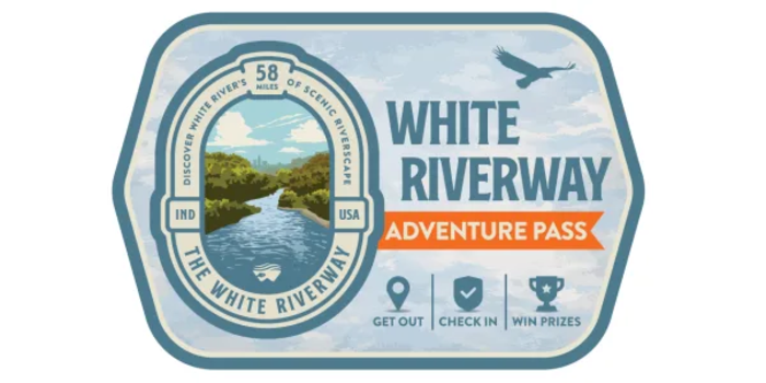White Riverway Adventure Pass logo with an illustrated river landscape, scenic waterway text, and icons for getting out, checking in, and winning prizes.