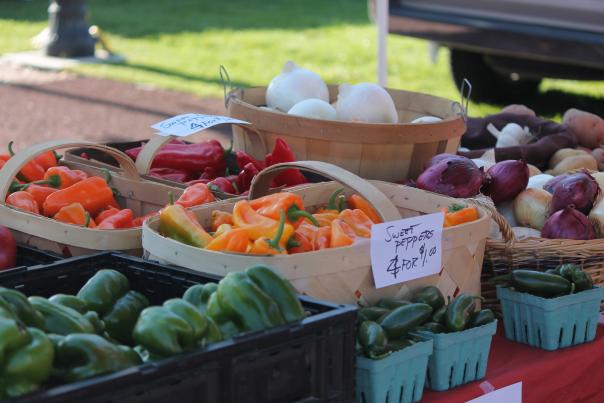 Colorful baskets filled with fresh peppers and onions at a market stall, with price signs visible. Green grass and a vehicle in the background.
