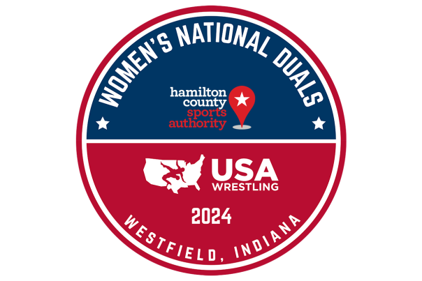 Circular logo for the 2024 Women’s National Duals in Westfield, Indiana, featuring the Hamilton County Sports Authority pin icon and the USA Wrestling logo.