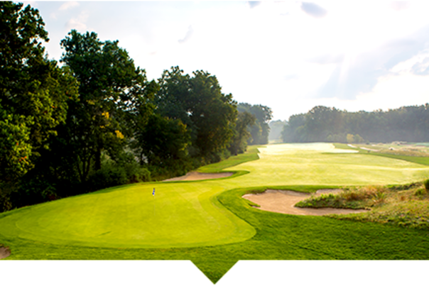 Manicured golf course with green fairway, sand bunker, and trees in the distance.