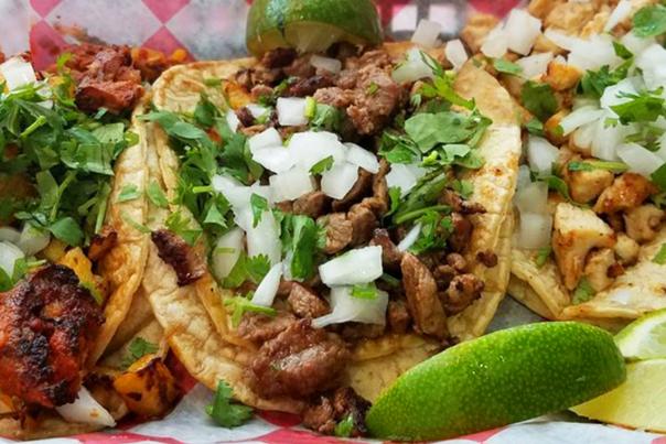Close-up of three tacos from Samano's Taqueria in Noblesville, IN