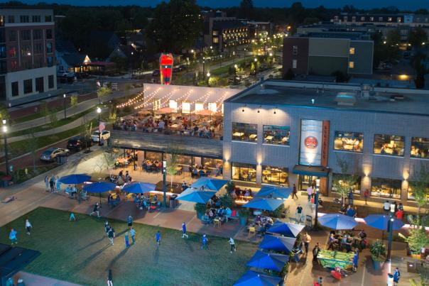Aerial view of outdoor and rooftop diners at Midtown Plaza