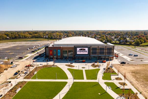 Aerial view of the Fishers Event Center exterior structure and walkways.