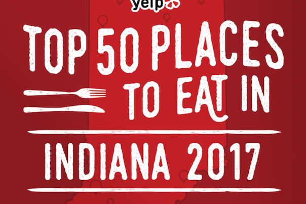 A red square graphic with the white Yelp logo and text that reads "TOP 50 PLACES TO EAT IN INDIANA 2017".