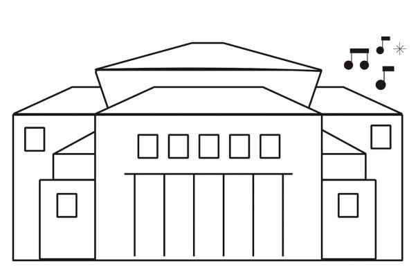 A black-and-white line illustration of a large, symmetrical building with columns and a tiered roof.