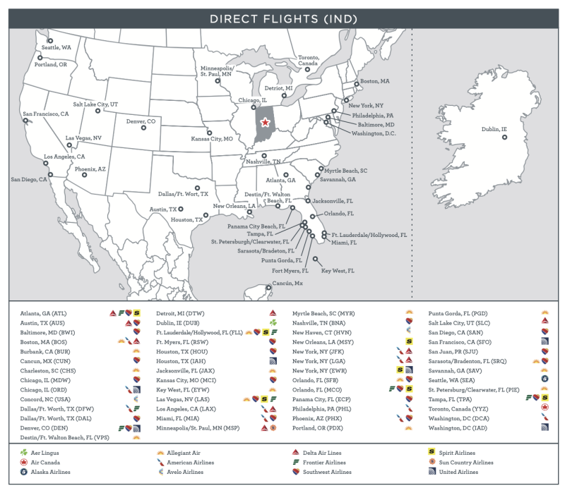 A map of direct flights from Indianapolis, with the airline indicated.