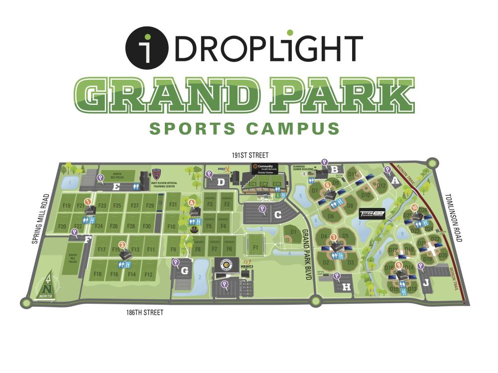 Illustrated site map labeled ‘iDROPLIGHT Grand Park Sports Campus,’ showing athletic fields, buildings, parking areas, walking paths, ponds, and labeled streets including 191st Street, 186th Street, Spring Mill Road, and Tomlinson Road.