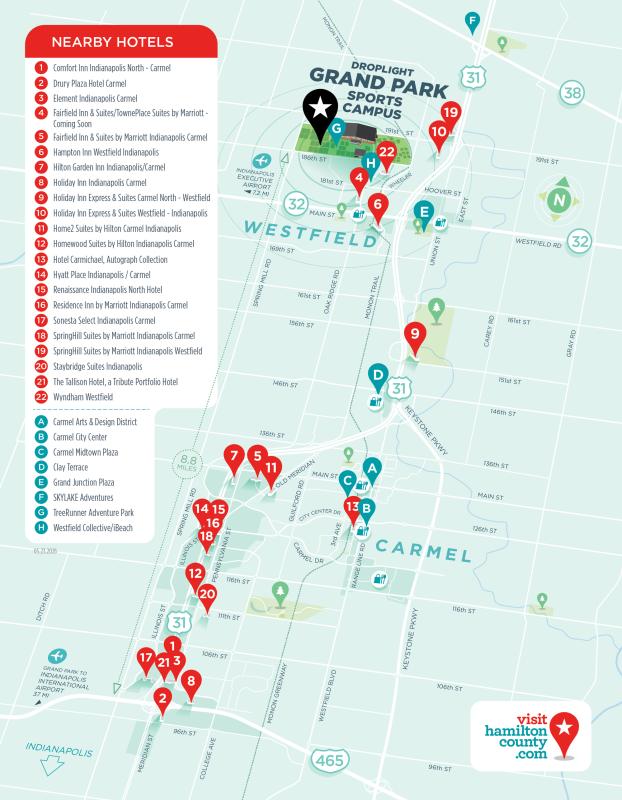 Map of Grand Park with location finder marks for nearby hotels and restaurants