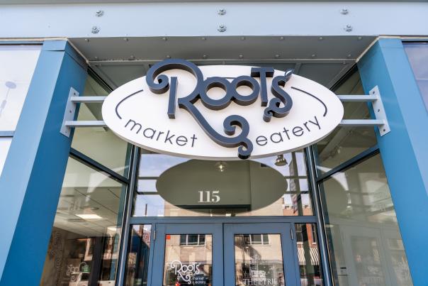 The front entry of Roots Market + Eatery in Plainfield, Indiana
