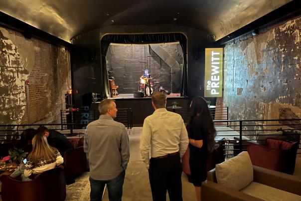 The Prewitt lounge area and stage with live entertainment in Plainfield
