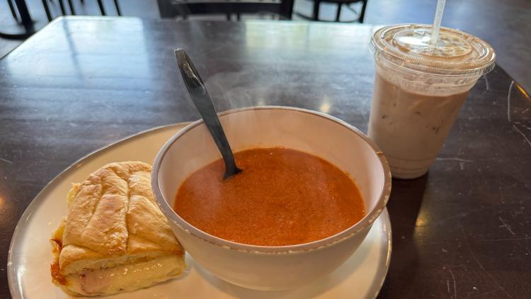 Extreme Grilled Cheese with tomato soup and a Nutella latte at The Beehive in Danville, Indiana.
