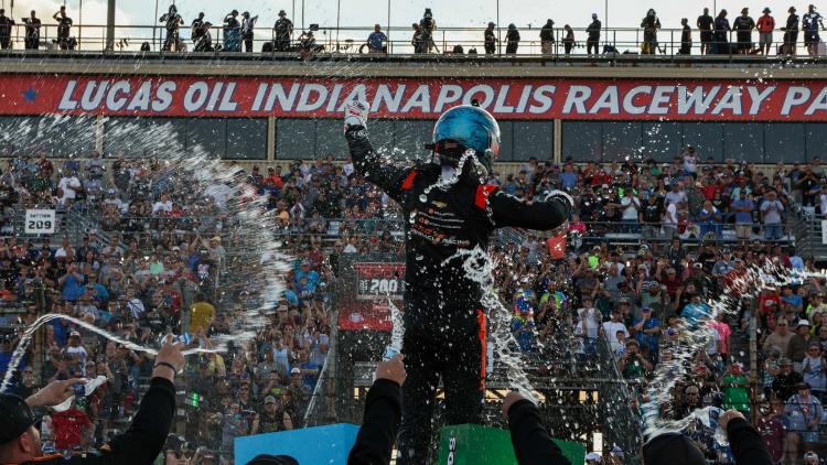 Conor Zilisch Celebrating a Win at the 2024 ARCA Menards Series Circle City 200 (Photo Courtesy of Lucas Oil Indianapolis Raceway Park Facebook Page)