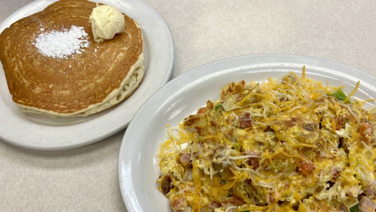 Hungryman Skillet and pancakes at Flap Jacks Pancake House.