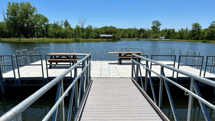 An ADA-accessible dock on the large pond at W.S. Gibbs Memorial Park allows everyone a nice fishing spot and a lovely view.