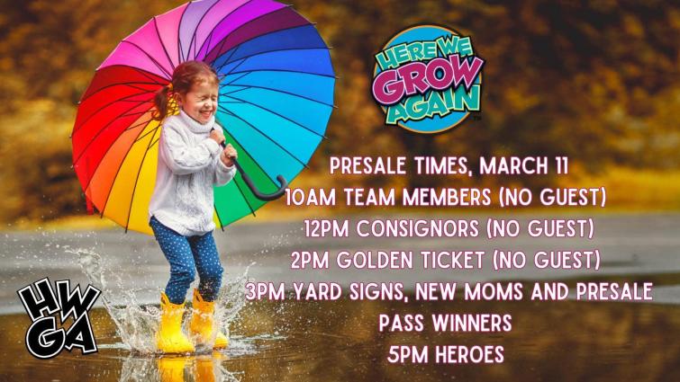 Pre-Sale Pass Times For Here We Grow Again Consignment Sale (Photo Courtesy of Here We Grow Again Facebook Page)