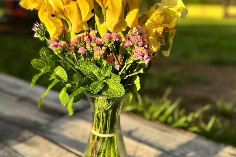 A focused picture of a flower bouquet on a table at Albright Acres Flower Farm’s
