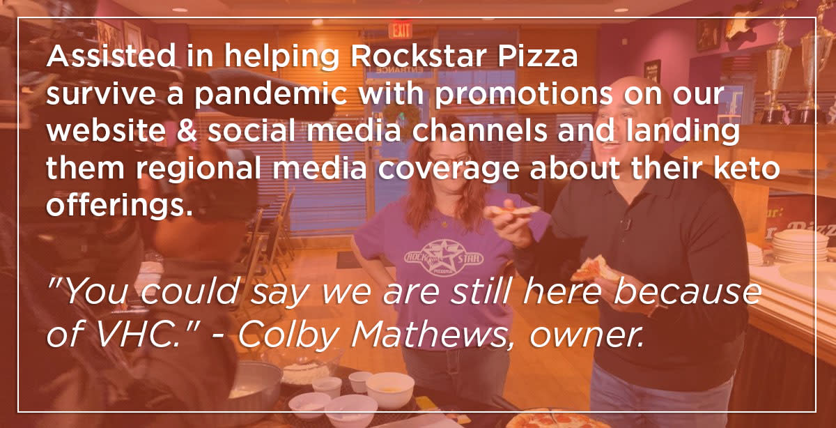 Assisted in helping Rockstar Pizza survive a pandemic with promotions on our website and social media channels and landing them regional media coverage about their keto offerings. "You could say we are still here because of VHC." - Colby Mathews, owner.
