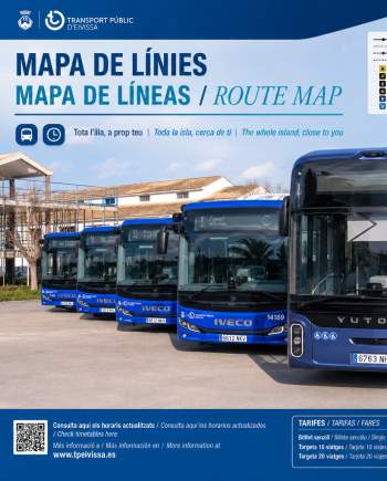 Imagem das novas rotas de transporte público de Ibiza, especificamente autocarros. O mapa da ilha mostrando as novas rotas de autocarros e informações também está visível.