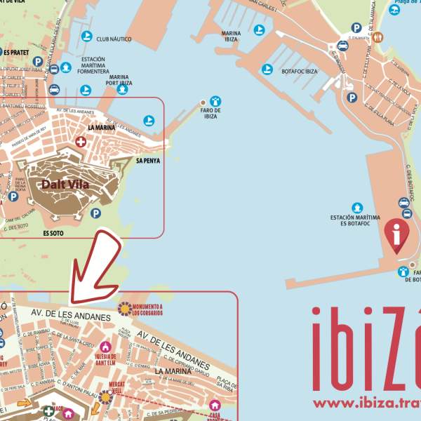 Mapa da cidade de Ibiza, em Ibiza, e da área amuralhada de Dalt Vila.