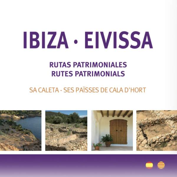 Capa de um folheto sobre um roteiro histórico de Sa Caleta a Ses Païses Cala d'Hort, em Ibiza. Está em espanhol e catalão.