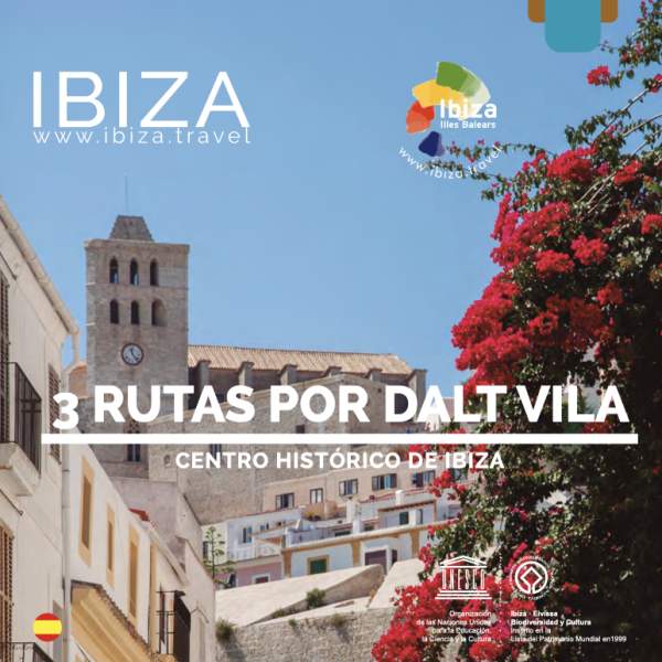 Capa de um folheto turístico com 3 roteiros por Dalt Vila, em Ibiza. Está em espanhol e catalão.