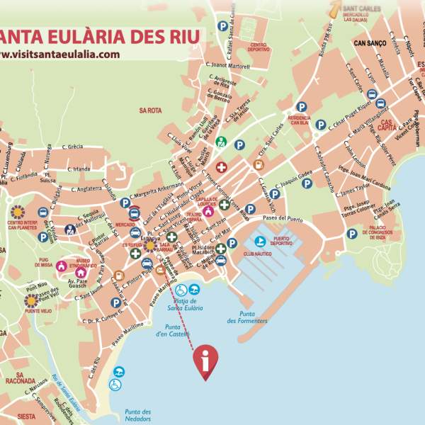 Mapa das ruas e praias de Sant Antoni de Portmany, município de Ibiza.