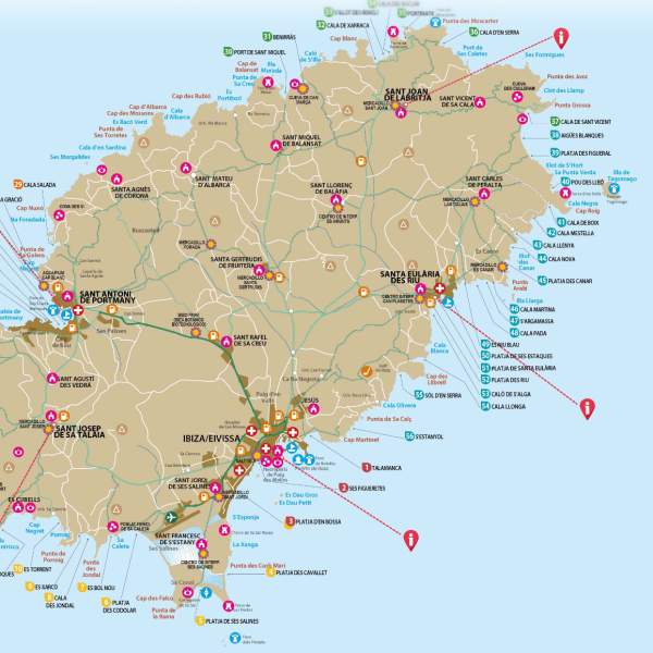 Mapa de toda a costa da ilha de Ibiza com todas as suas praias e atrações.