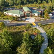 An aerial view of the Indigenous Cultural Trail at the Indiana Dunes Visitor Center.