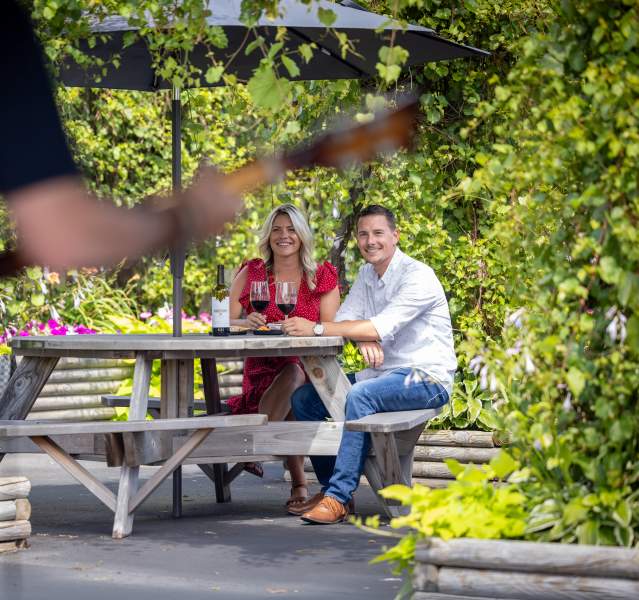 A man in a white shirt and a woman in a red dress sit at a picnic table while drinking wine. In the foreground is the back of a person playing guitar.