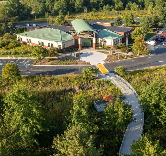 An aerial view of the Indigenous Cultural Trail at the Indiana Dunes Visitor Center.