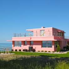 Pink Art Deco Century of Progress home overlooking Lake Michigan at Indiana Dunes National Park.