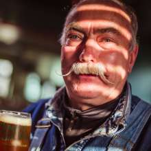 An older man with a curled mustache holds a glass of beer.