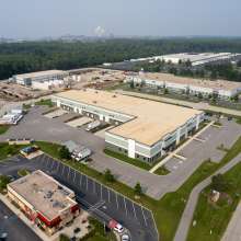 Aerial view of a large buildings and roads