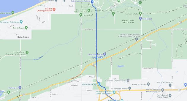 Map: Visitor Center to Indiana Dunes State Park