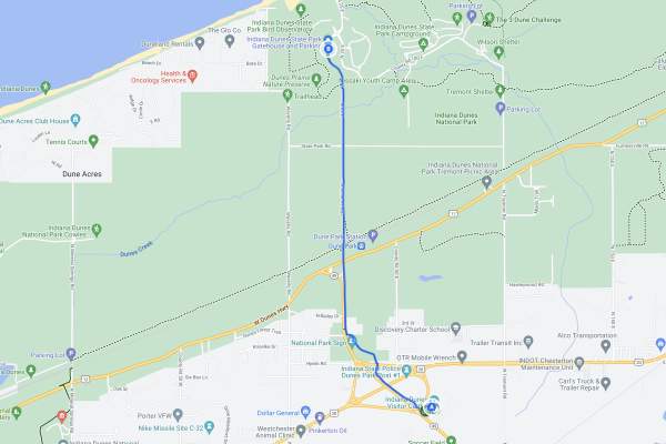 Map: Visitor Center to Indiana Dunes State Park