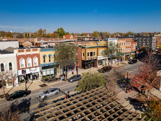 Aerial view of a street with storefronts