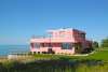 Pink Art Deco Century of Progress home overlooking Lake Michigan at Indiana Dunes National Park.