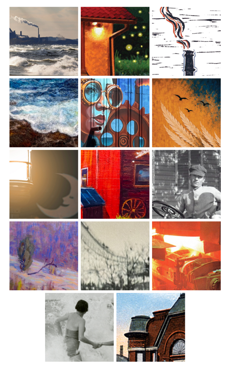 Grid of cropped artwork details from the collectible Sand + Steel postcards available at stops along the Indiana Dunes Arts + Culture Trail.