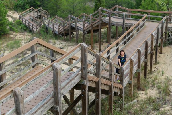 A woman wearing a black shirt stands on a wooden staircase and is surrounded by sand and vegetation.