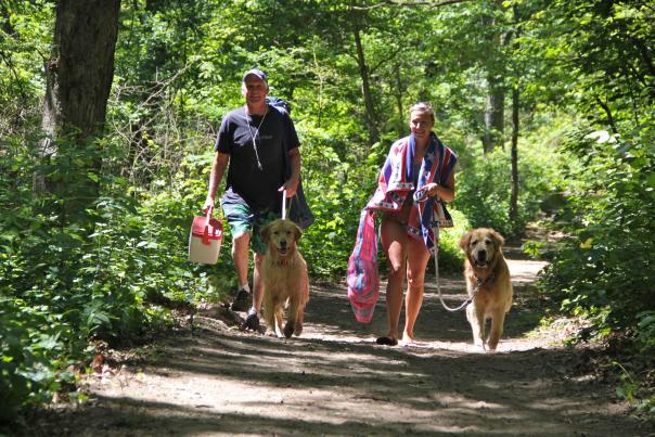 People with their dogs on trail