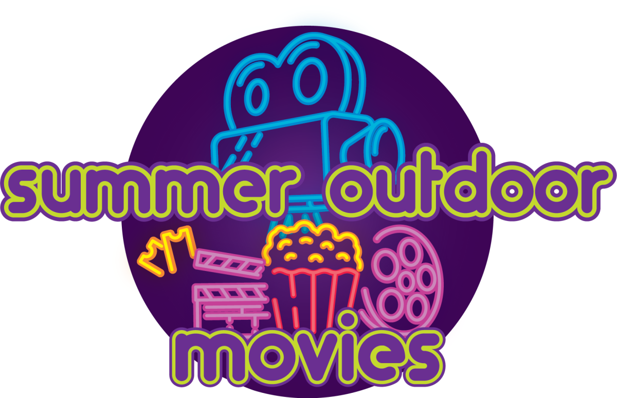 Logo for "Summer Outdoor Movies" featuring a stylized film projector, film reels, tickets, and a popcorn bucket, all against a vibrant purple backdrop.