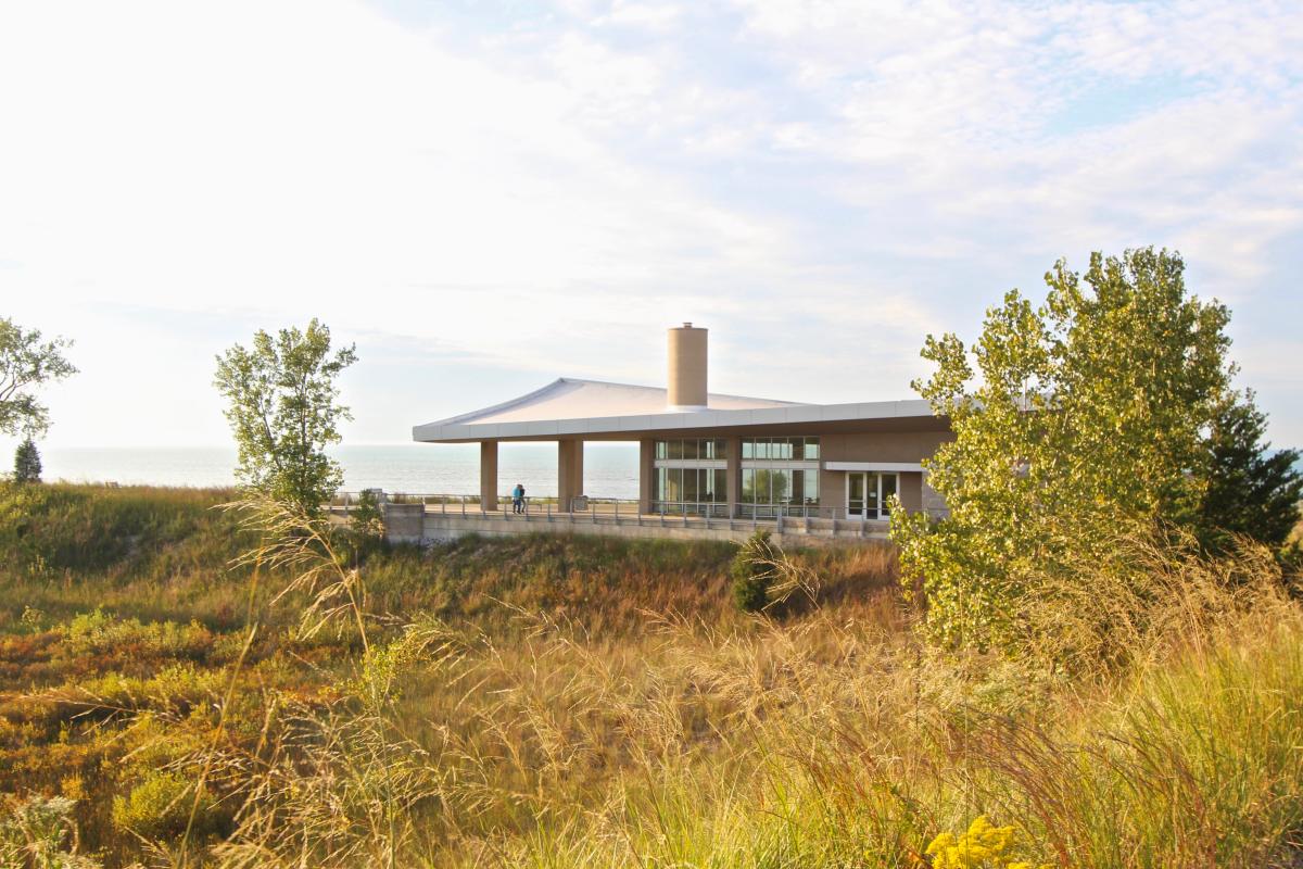 Portage Lakefront & Riverwalk pavilion overlooking Lake Michigan and surrounding dunes in Portage, Indiana.