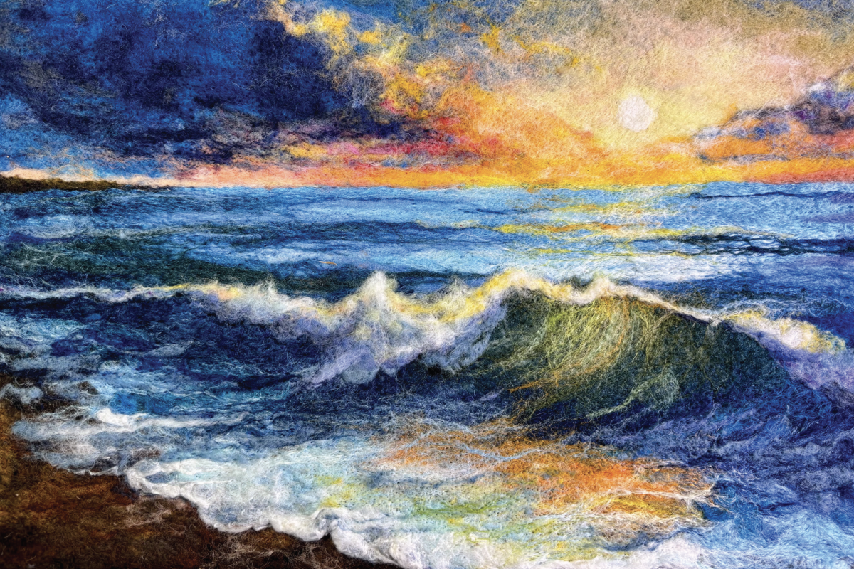A colorful painting showing the sunset over the waves of Lake Michigan.