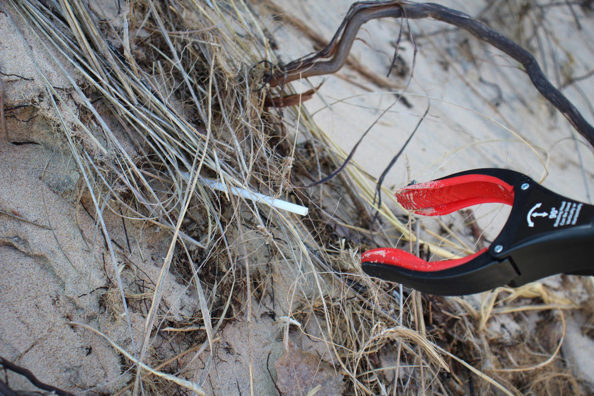 A trash grabber is seen ready to pick up a straw from the sand and plants