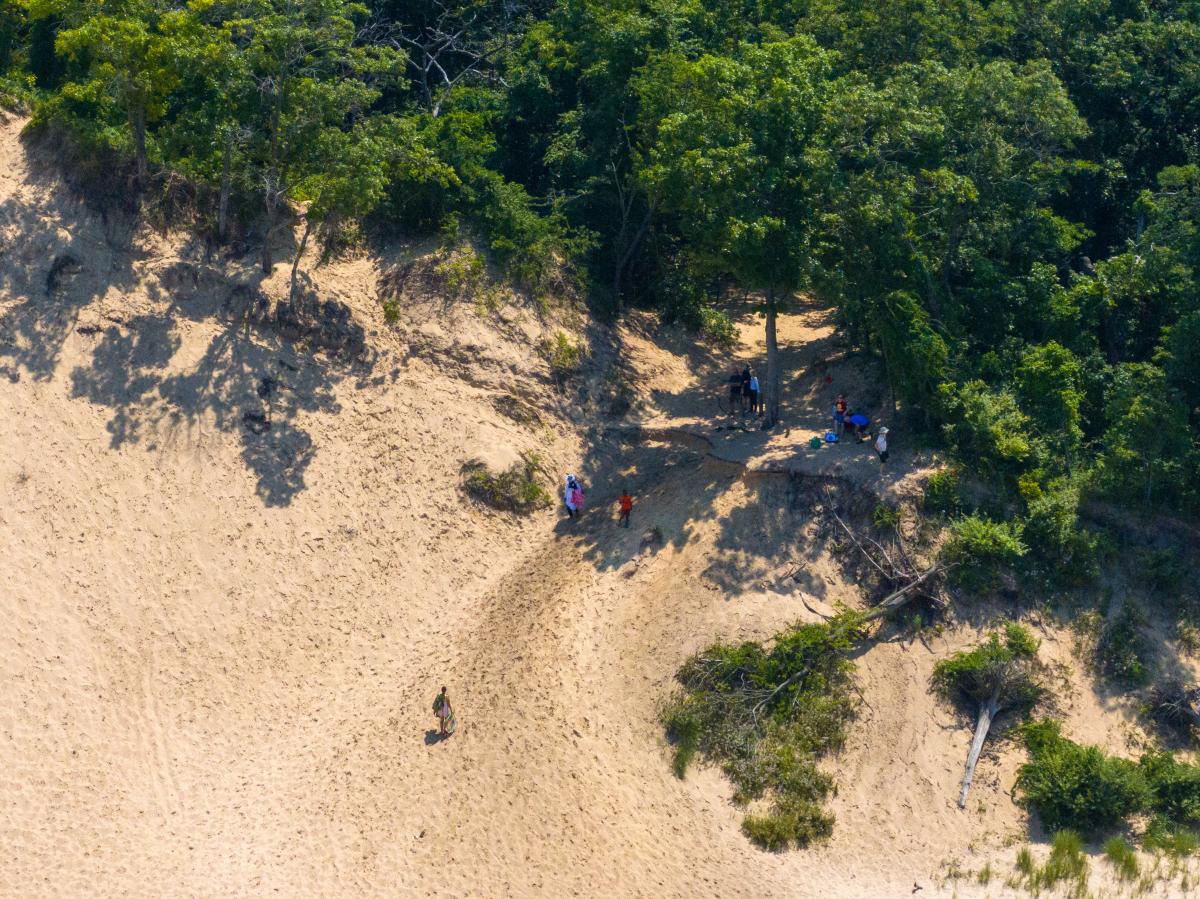 Aerial view of people gathered at the base of a sandy dune next to a dense green forest.