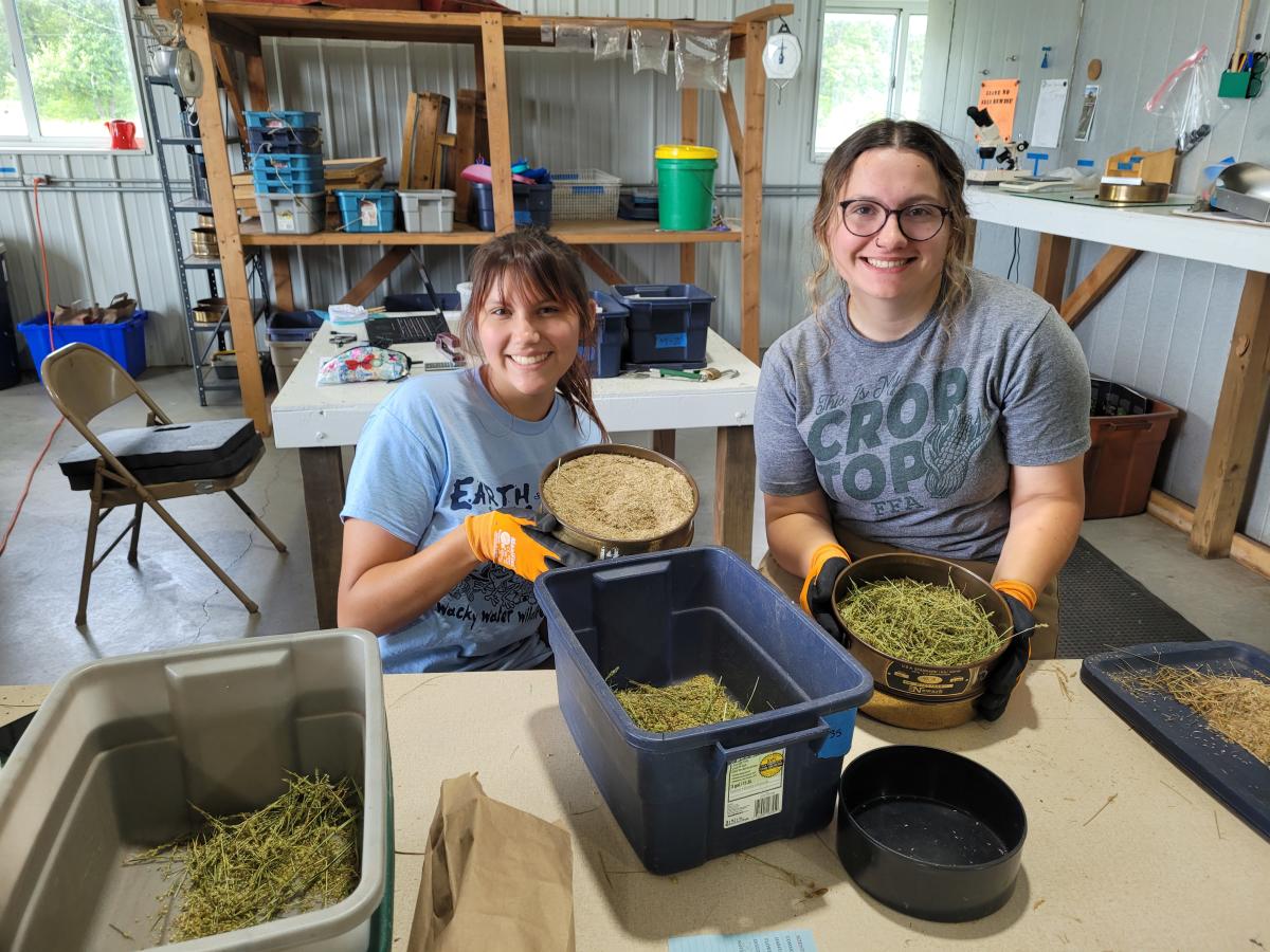 Summer 2023 Interns Shay Siebring and Katelyn Bava cleaning seeds in the Kankakee Sands Seed Barn.